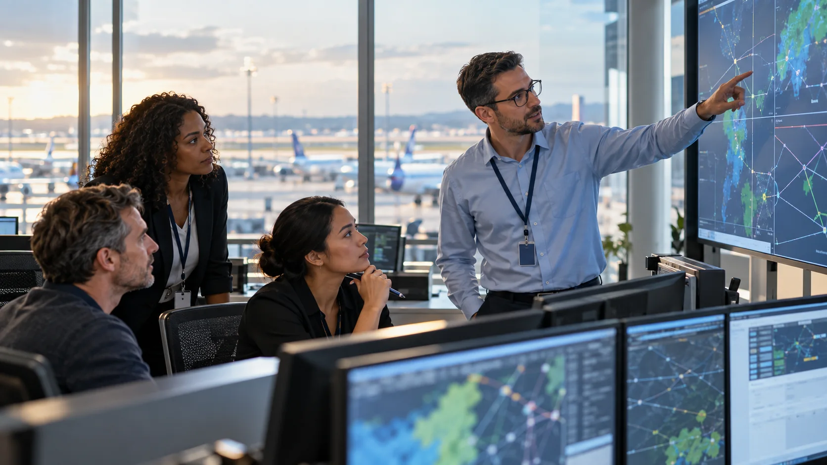 Equipo de control operacional coordinando vuelos